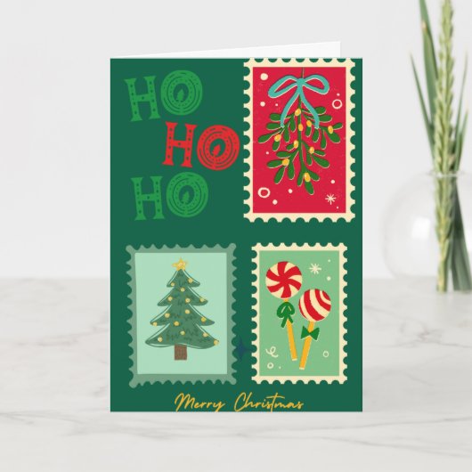 Retro Christmas Postage Card – Mistletoe, Tree & P Karte (Vorderseite)