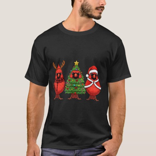 Retro Christmas Red Cardinal Bird Santa Reindeer  T-Shirt (Vorderseite)