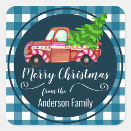 Retro Christmas Red Truck Familienname Quadratischer Aufkleber