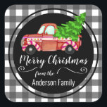 Retro Christmas Red Truck Familienname Quadratischer Aufkleber<br><div class="desc">Fun Retro roter LKW mit Weihnachtsbaum. Candy-Truck. Personalisierter Familienname für Siegel,  Umschlag Aufkleber oder einfach nur lustige Weihnachtsaufkleber.</div>