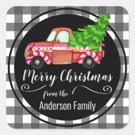 Retro Christmas Red Truck Familienname Quadratischer Aufkleber