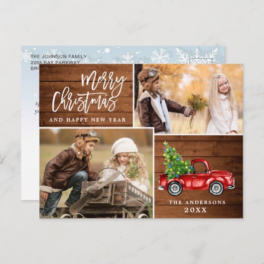 Retro Christmas Red Truck Rustic 2 FOTO Gruß Postkarte (Vorne/Hinten)