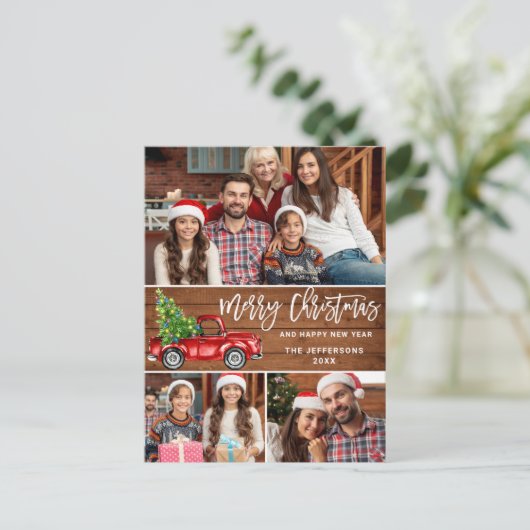 Retro Christmas Red Truck Rustic 3 FOTO Gruß Postkarte (Stehend Vorderseite)