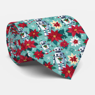 Retro Christmas Roboter und Poinsettias Mint Green Krawatte