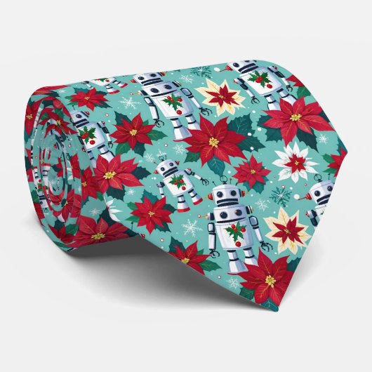 Retro Christmas Roboter und Poinsettias Mint Green Krawatte (Gerollt)