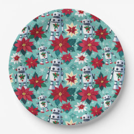 Retro Christmas Roboter und Poinsettias Pappteller