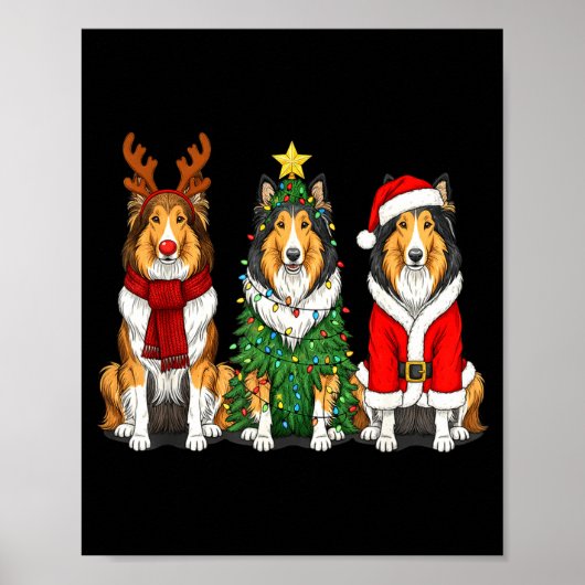 Retro Christmas Rough Collie Santa Reindeer Dog Lo Poster (Vorne)