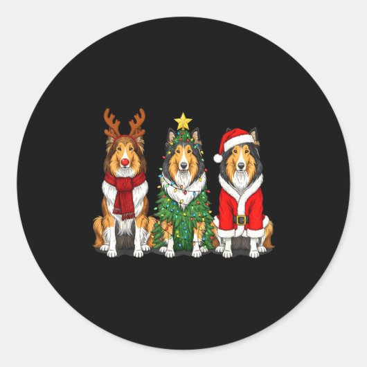 Retro Christmas Rough Collie Santa Reindeer Dog Lo Runder Aufkleber (Vorderseite)