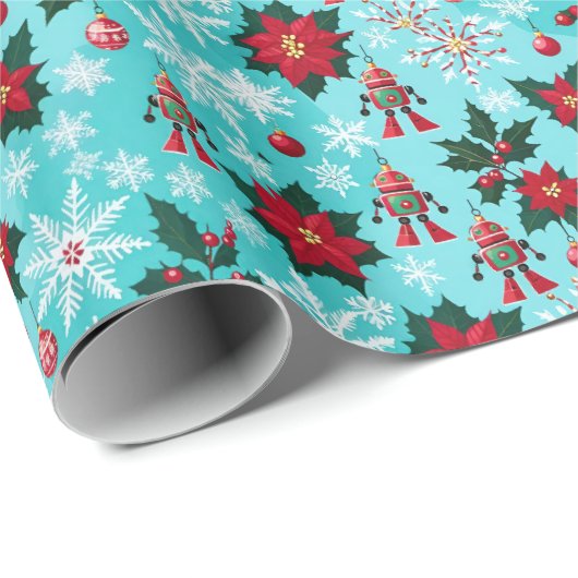 Retro Christmas Sci-Fi Robots Ornaments Blue Geschenkpapier (Rolleneckpunkt)