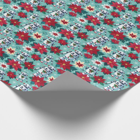 Retro Christmas SciFi Robots und Poinsettias Geschenkpapier (Ecke)