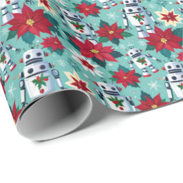 Retro Christmas SciFi Robots und Poinsettias Geschenkpapier