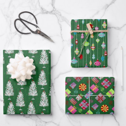 Retro Christmas Set 1 Grün Weihnachten Geschenkpapier Set (Vorderseite)
