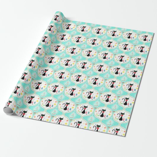 Retro Christmas Siamese Cat Ogee Pattern Geschenkpapier (Ungerollt)