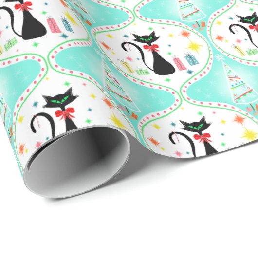 Retro Christmas Siamese Cat Ogee Pattern Geschenkpapier (Rolleneckpunkt)