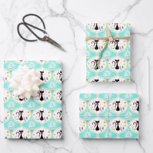 Retro Christmas Siamese Cat Ogee Pattern Geschenkpapier Set (Vorderseite)