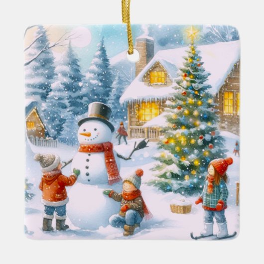 Retro Christmas Snowman Keramikornament (Vorderseite)