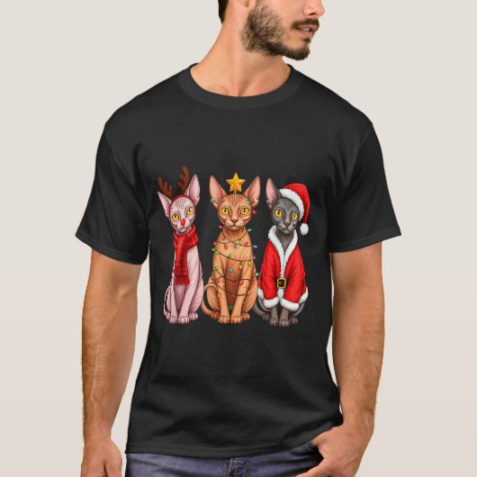 Retro Christmas Sphynx Cat Santa Reindeer T-Shirt (Vorderseite)