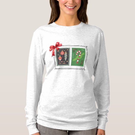 Retro Christmas Stamps Long Sleeve T-Shirt (Vorderseite)