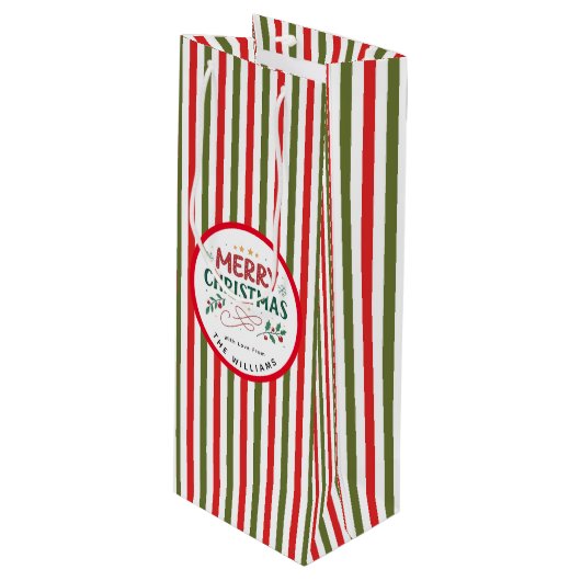 Retro Christmas Stripe Pattern Custom Christmas Geschenktüte Für Weinflaschen (Vorderseite Schrägansicht)