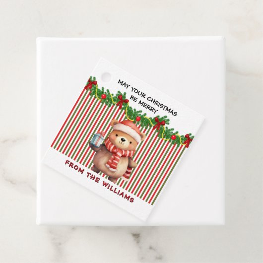 Retro Christmas Stripe Pattern & Teddy Bear Custom Geschenkanhänger (Beispiel)