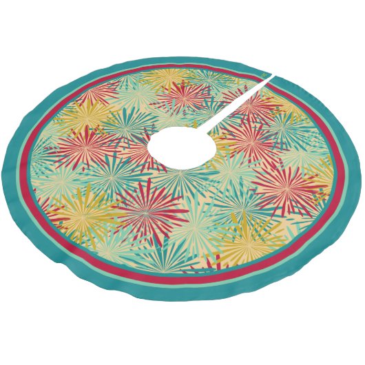 Retro Christmas Tinsel PomPoms (Tropische Farben) Fleece Weihnachtsbaumdecke (Schrägansicht)