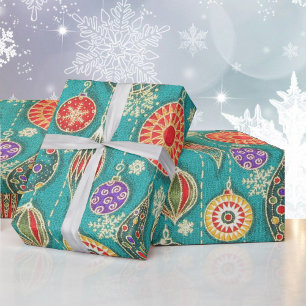 Retro Christmas Tree Ornaments on Aqua Gift Geschenkpapier