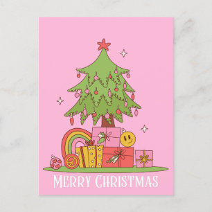 Retro Christmas Tree PInk Feiertagspostkarte