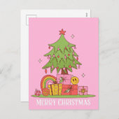 Retro Christmas Tree PInk Feiertagspostkarte (Vorne/Hinten)