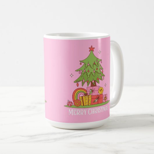 Retro Christmas Tree Pink Kaffeetasse (VorderseiteRechts)