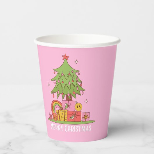 Retro Christmas Tree Pink Pappbecher (Rückseite)