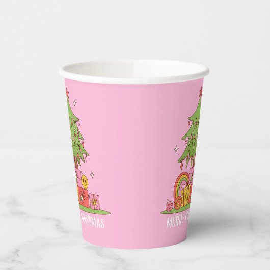 Retro Christmas Tree Pink Pappbecher (Links)