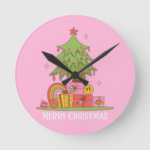 Retro Christmas Tree Pink Runde Wanduhr