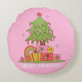 Retro Christmas Tree Pink Rundes Kissen