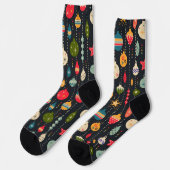 Retro Christmas tree toys on black Socken (Linkes Detail)