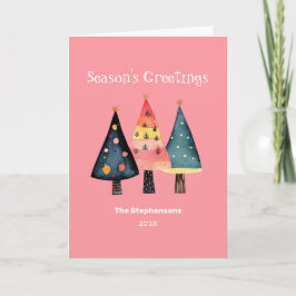 Retro Christmas Trees Pink Folded Holiday Card Feiertagskarte