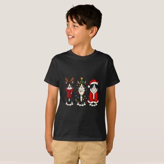 Retro Christmas Tuxedo Cat Santa Reindeer T-Shirt (Vorne ganz)