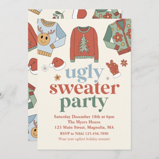 Retro Christmas Ugly Sweater Party Einladung (Vorne/Hinten)