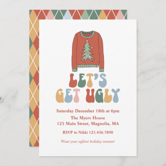 Retro Christmas Ugly Sweater Party Einladung (Vorne/Hinten)