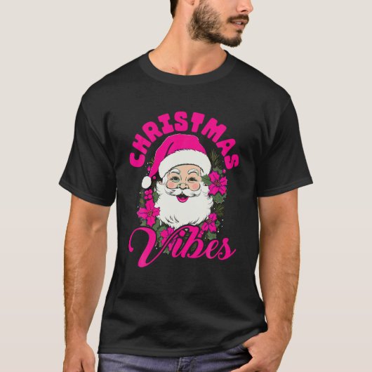 Retro Christmas Vibes Pink Santa Claus Funny Xmas T-Shirt (Vorderseite)