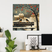 Retro Christmas Village Park Bench Birds Hütte Poster (Heimbüro)