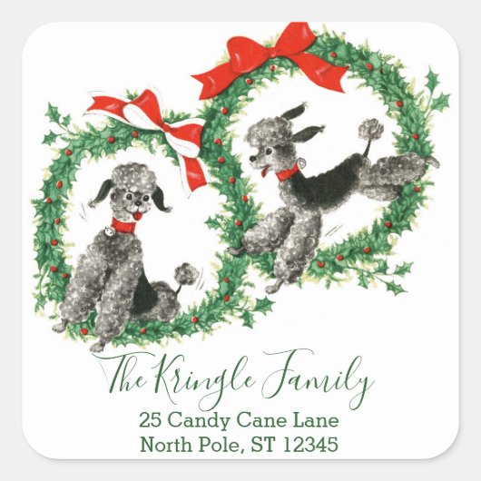 Retro Christmas Vintag Poodles Rücksendeadresse Quadratischer Aufkleber (Vorderseite)