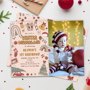 Retro Christmas Winter Onederland Geburtstags-Foto Einladung