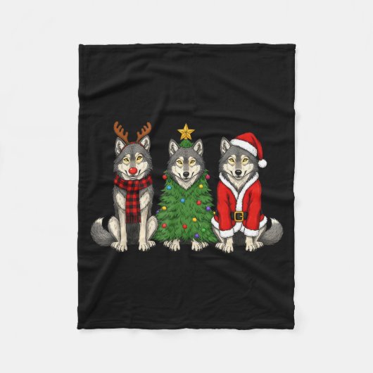 Retro Christmas Wolf Santa Reindeer Fleecedecke (Vorderseite)