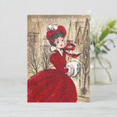 Retro Christmas Woman in Red Feiertagskarte (Stehend Vorderseite)
