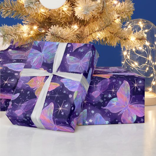 Retro Chrome Hearts und Schmetterlinge Geschenkpapier (Feiertage)