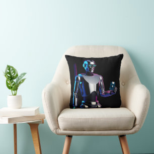 Retro Chrome Synthwave Bot AI Terminator Kissen