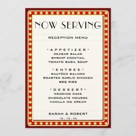 Retro Cinema Theater Marquee Sign Red Wedding Menükarte (Vorderseite)