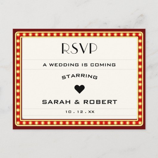 Retro Cinema Theater Marquee Sign Red Wedding RSVP Postkarte (Vorderseite)