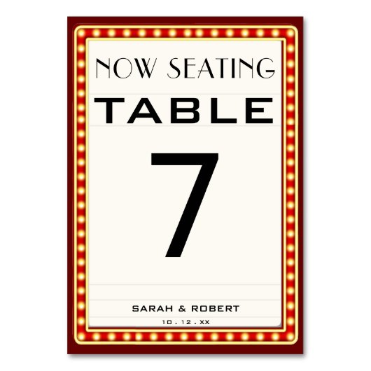 Retro Cinema Theater Marquee Sign Red Wedding Tischnummer (Vorderseite)