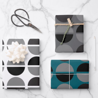 Retro Circles Black and Grey Wrapping Gift Paper Geschenkpapier Set